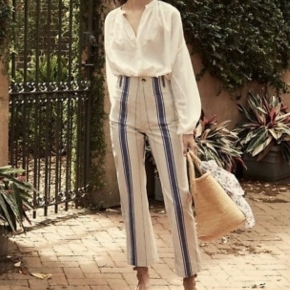 Doen Cream Wide-Leg Pants with Blue Stripes